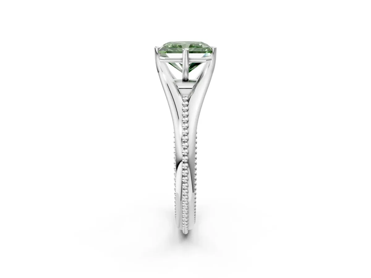 Fancy Green Radiant Cut Solitaire Beaded Band Six-Prong Setting Platinum