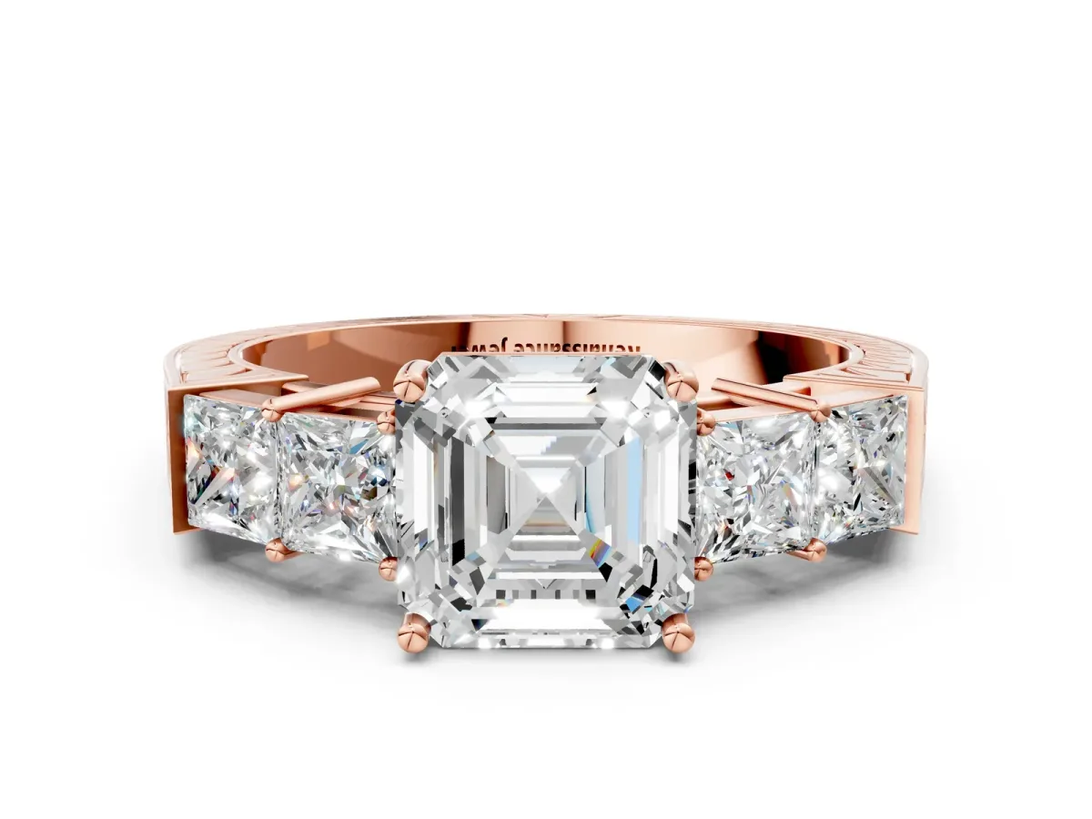 Asscher Cut Solitaire Princess Side Stone Engraved Band Prong Setting Ring Rose gold