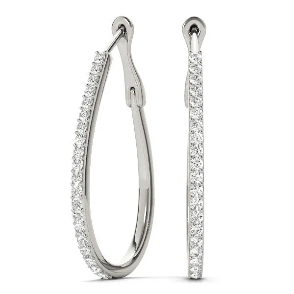 Pavé Round Diamond Teardrop Hoop Earrings with Hidden Hinged Setting White gold