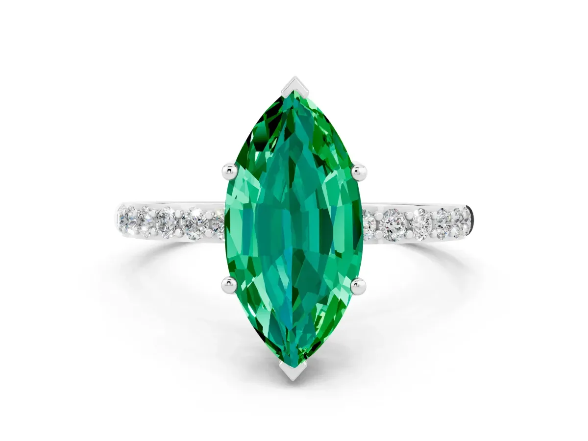Marquise Cut Emerald Solitaire Ring with Round Pavé Band and Prong Setting Silver