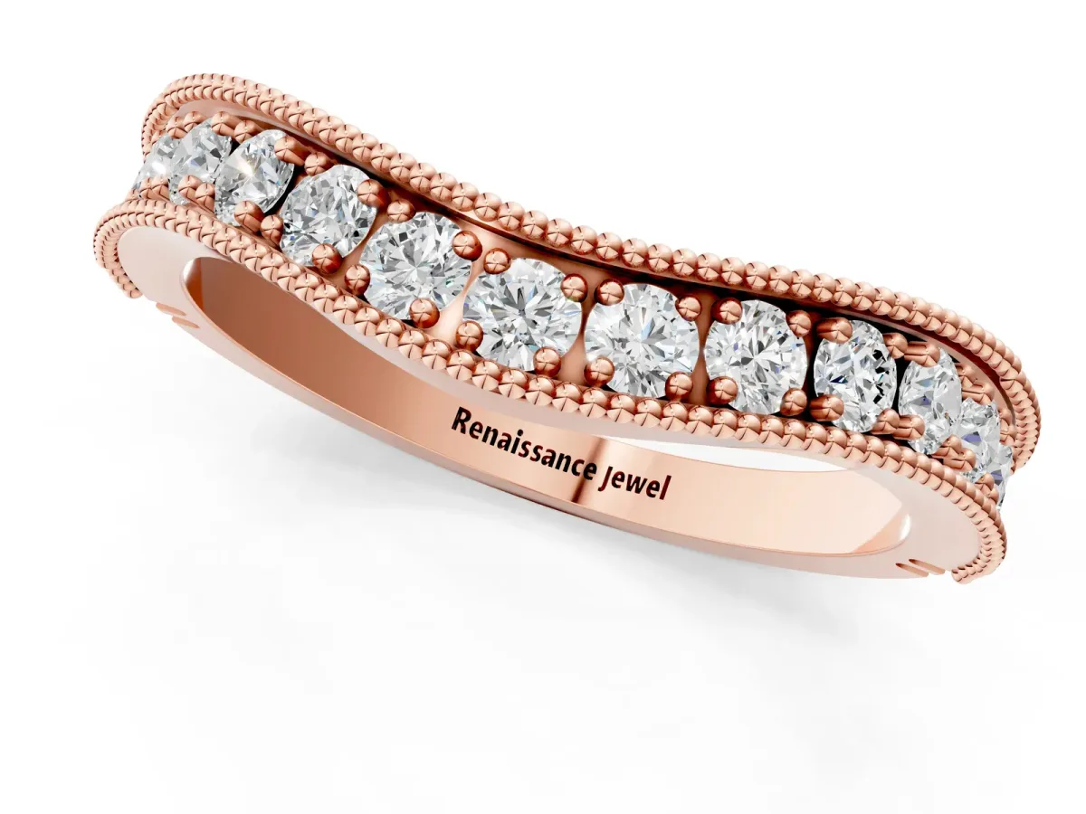 Round Diamond Milgrain Contour Wedding Band with Pavé Setting Rose gold