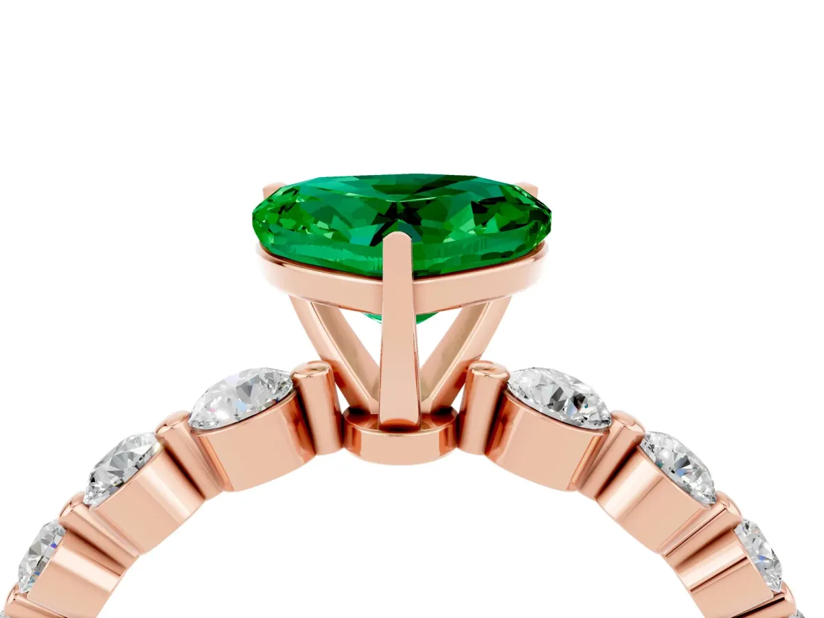 Heart Cut Solitaire Emerald Ring with Pave Band and Four-Prong Setting Rose gold