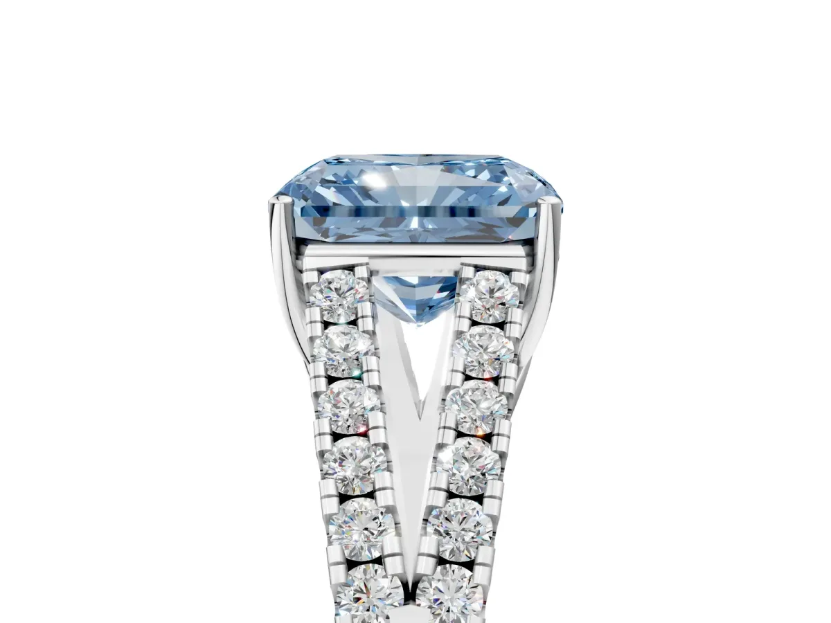 Fancy Blue Radiant Cut Diamond Split Shank Pavé Engagement Ring with Four-Prong Setting White gold
