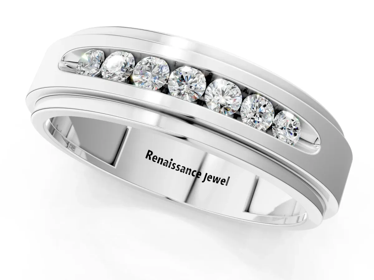 Round Diamond Seven-Stone Channel Set Mens Band Silver