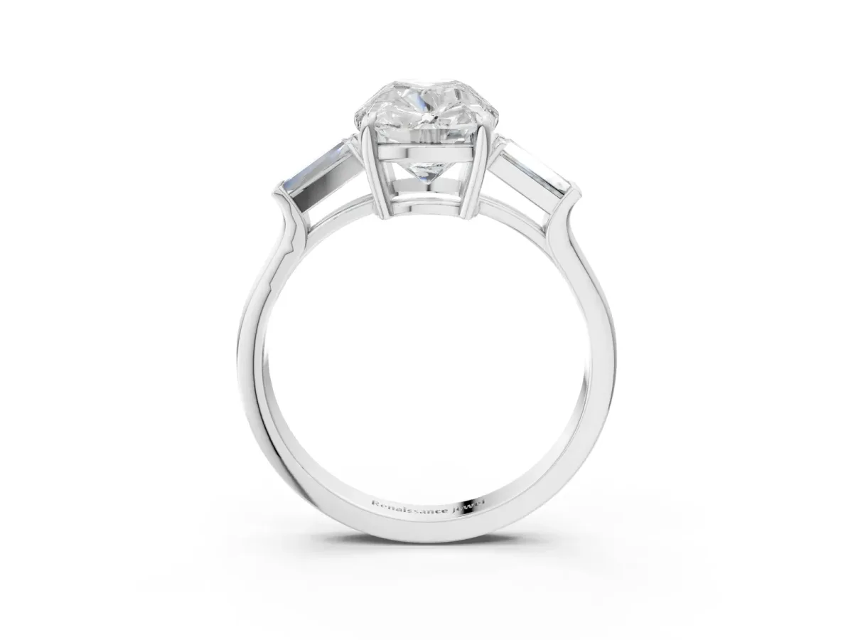 Old Mine Elongated Cushion Diamond with Side Tapered Baguette Three Stone Ring Silver