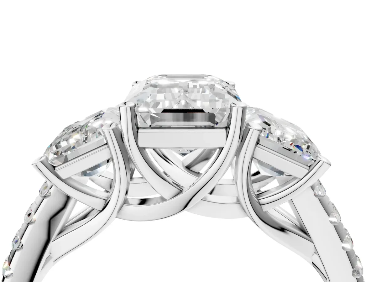 Three-Stone Emerald Cut Diamond Ring with Round Moissanite Pavé Band and Prong Setting Silver