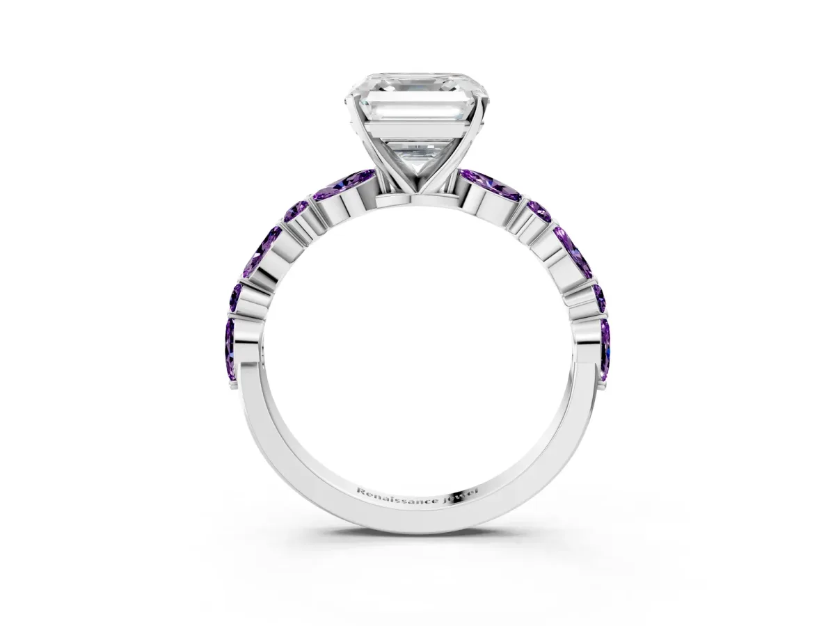 Asscher Cut Diamond Ring with Marquise and Round Amethyst Side Stones and Four-Prong Setting Silver