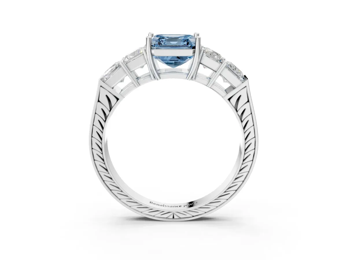 Fancy Blue Asscher Cut Solitaire Princess Side Stone Engraved Band Prong Setting Ring Platinum