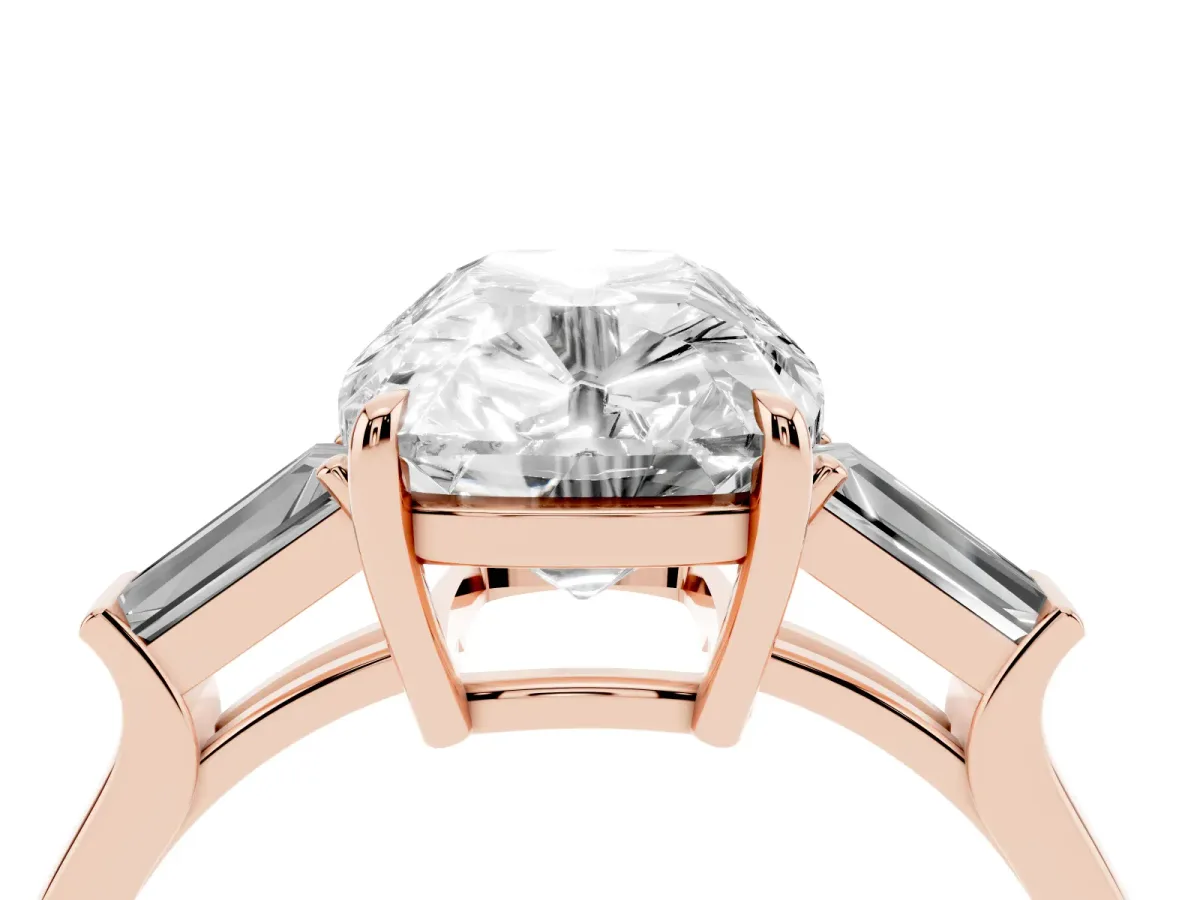 Old Mine Elongated Cushion Diamond with Side Tapered Baguette Three Stone Ring Rose gold