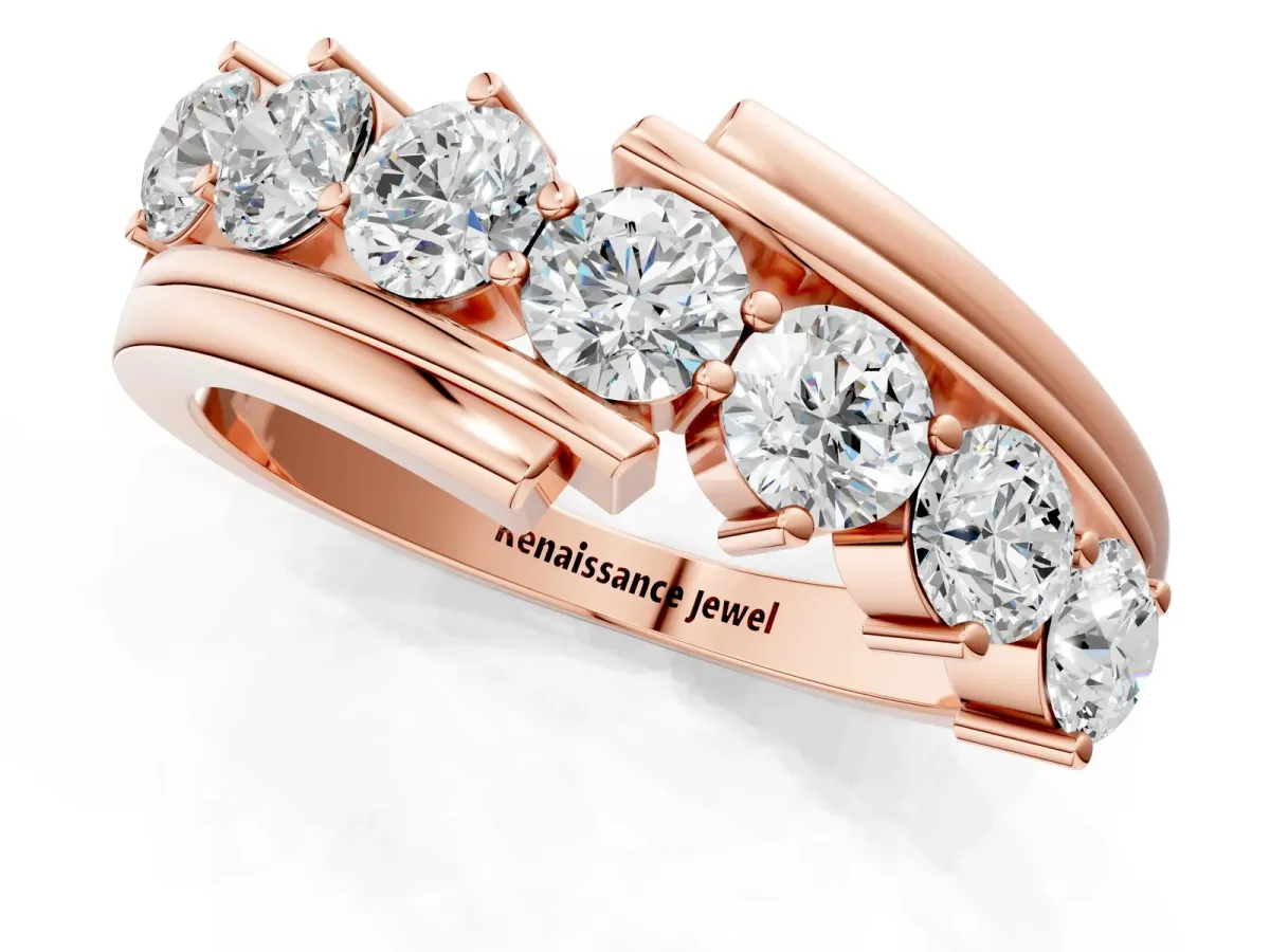 Round Diamond Wave Band with Channel and Shared Prong Setting Rose gold