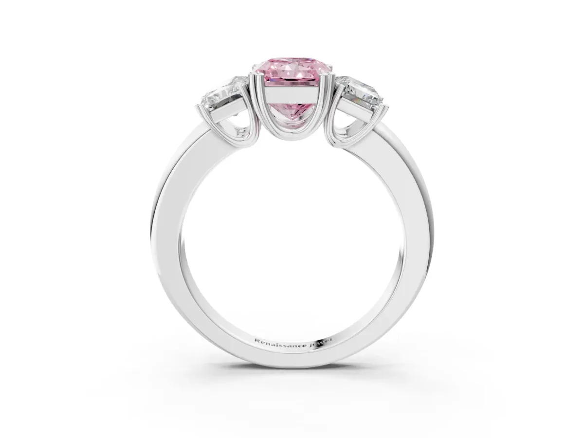 Fancy Pink Three-Stone Radiant Cut Cut Diamond Ring with Channel Set Band and Four-Prong Setting Silver