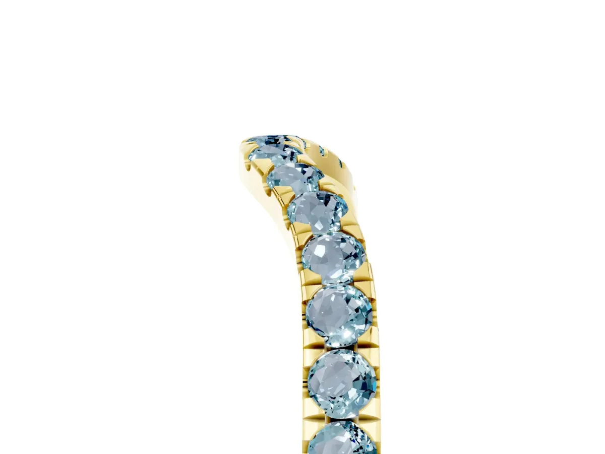 Curved Pavé Round Aquamarine Wedding Band with Shared Prong Setting Yellow gold