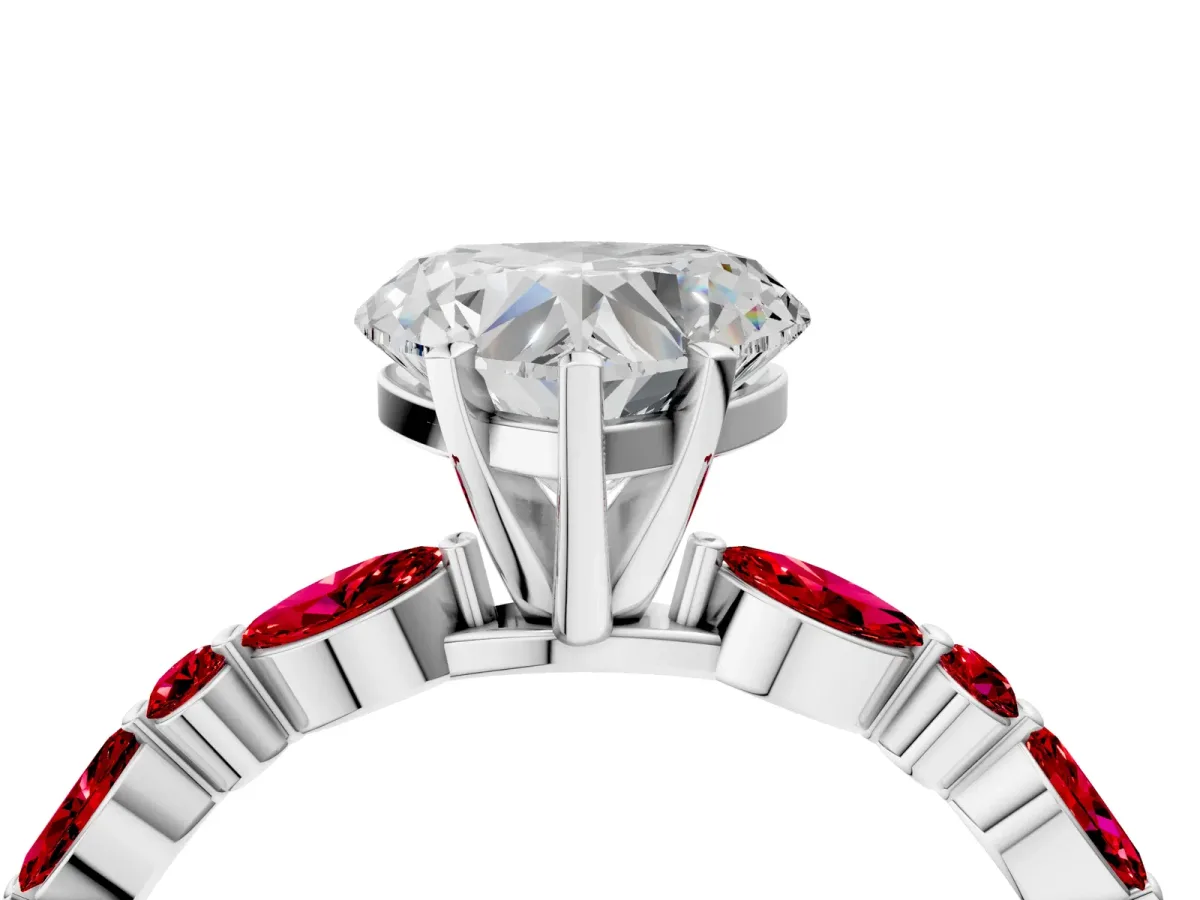 Heart Cut Diamond Ring with Marquise and Round Ruby Side Stones and Four-Prong Setting Platinum