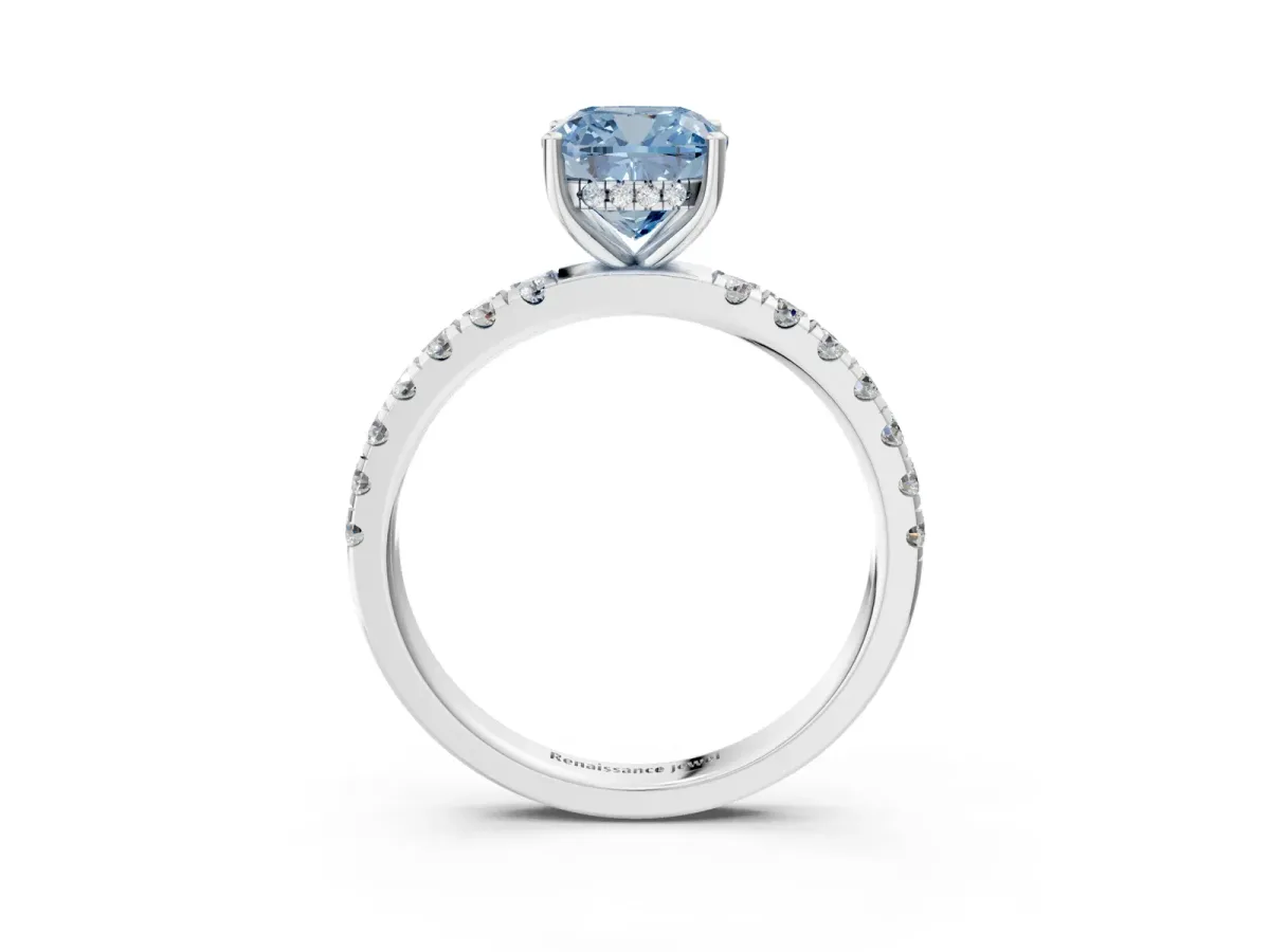 Fancy Blue Cushion Cut Diamond Pave Band Solitaire Ring with Round and Prong Setting Silver