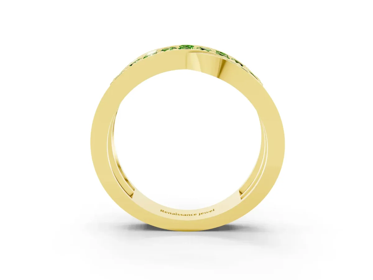 Pavé Round Peridot Crossover Band with Bead Prong Setting Yellow gold