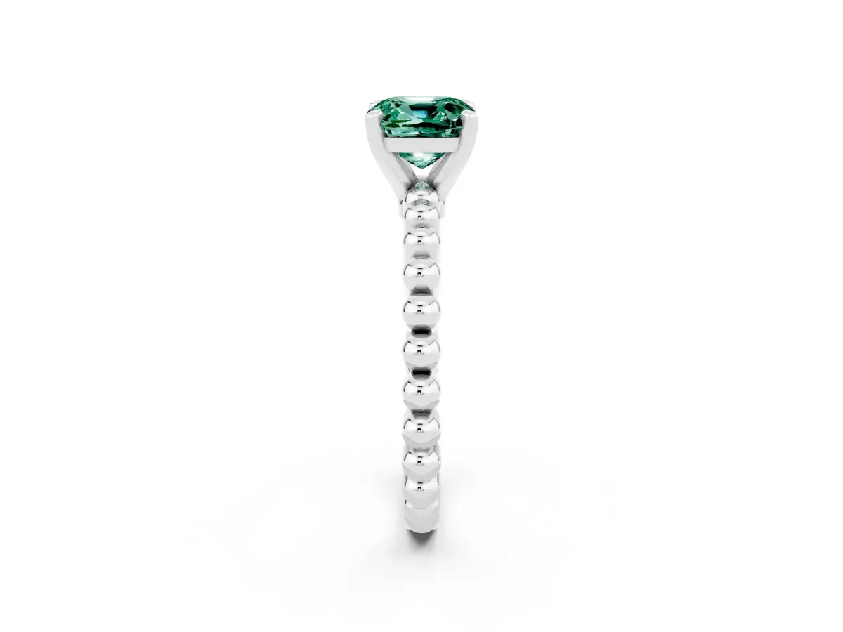 Cushion Cut Green Sapphire Solitaire Ring with Beaded Band and Prong Setting Silver