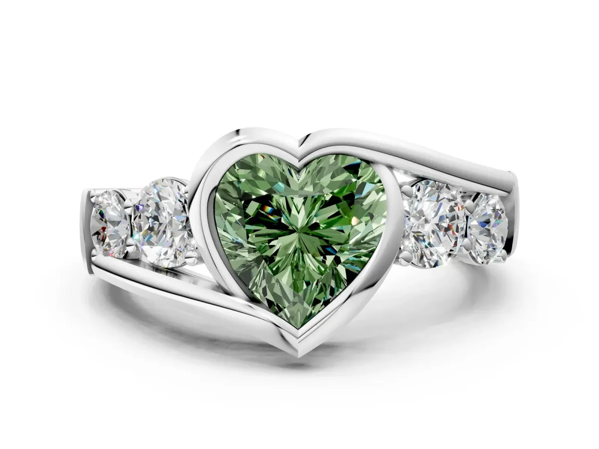 Fancy Green Bezel Set Heart Cut Diamond Bypass Ring with Round Accents Silver