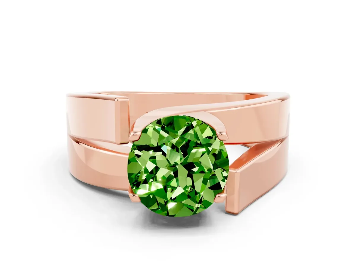 Modern Tension Set Round Cut Peridot Solitaire Wide Band Ring Rose gold