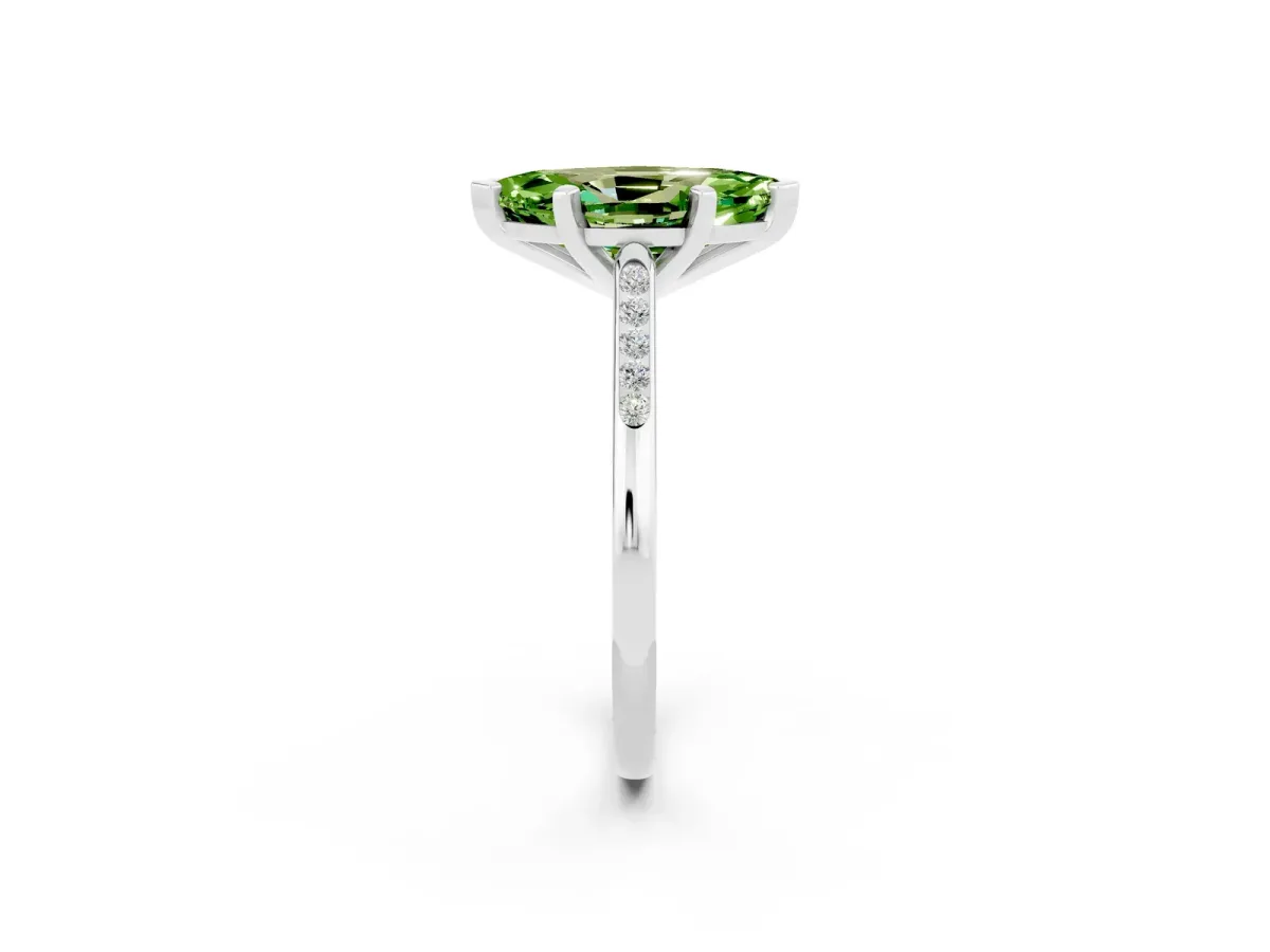 Marquise Cut Peridot Solitaire Ring with Channel Set Round Band and Prong Setting Silver