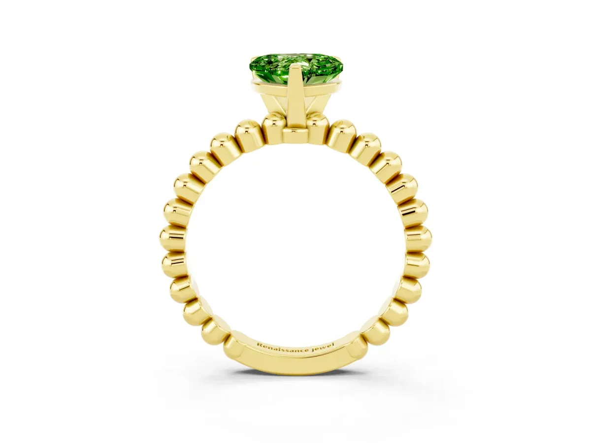 Heart Cut Peridot Solitaire Ring with Beaded Band and Prong Setting Yellow gold