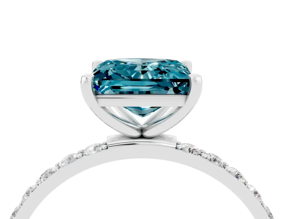 Princess Cut Blue Topaz Solitaire Ring with Round Pavé Band and Prong Setting Silver