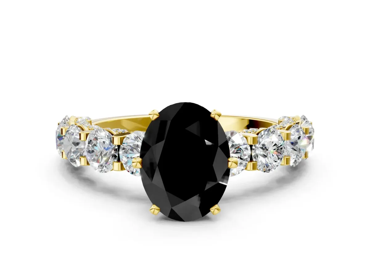 Fancy Black Oval Cut Diamond Side Stone Engagement Ring with Four-Prong Setting Yellow gold