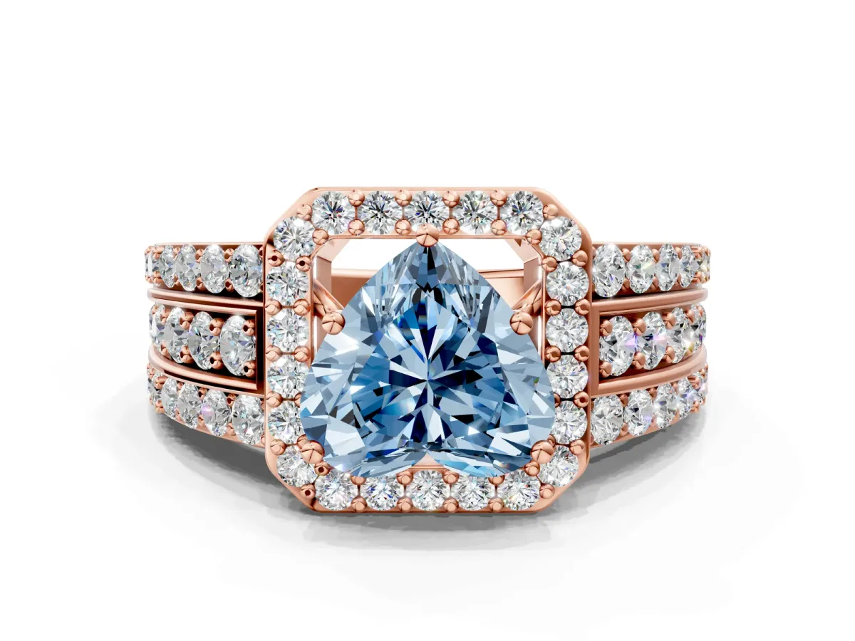 Fancy Blue Heart Cut Halo Diamond Ring with Round Split Shank and Prong Setting Rose gold