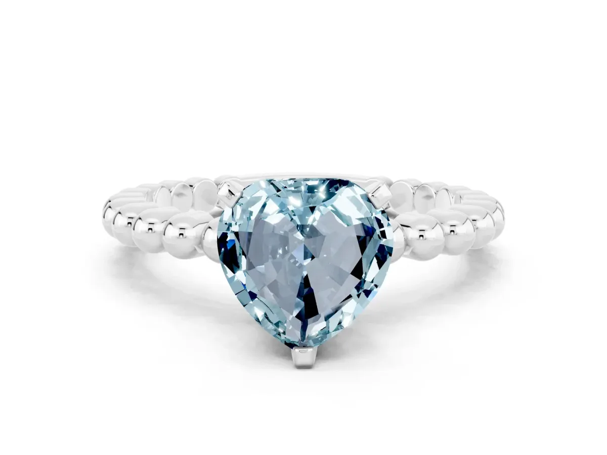 Heart Cut Aquamarine Solitaire Ring with Beaded Band and Prong Setting Silver