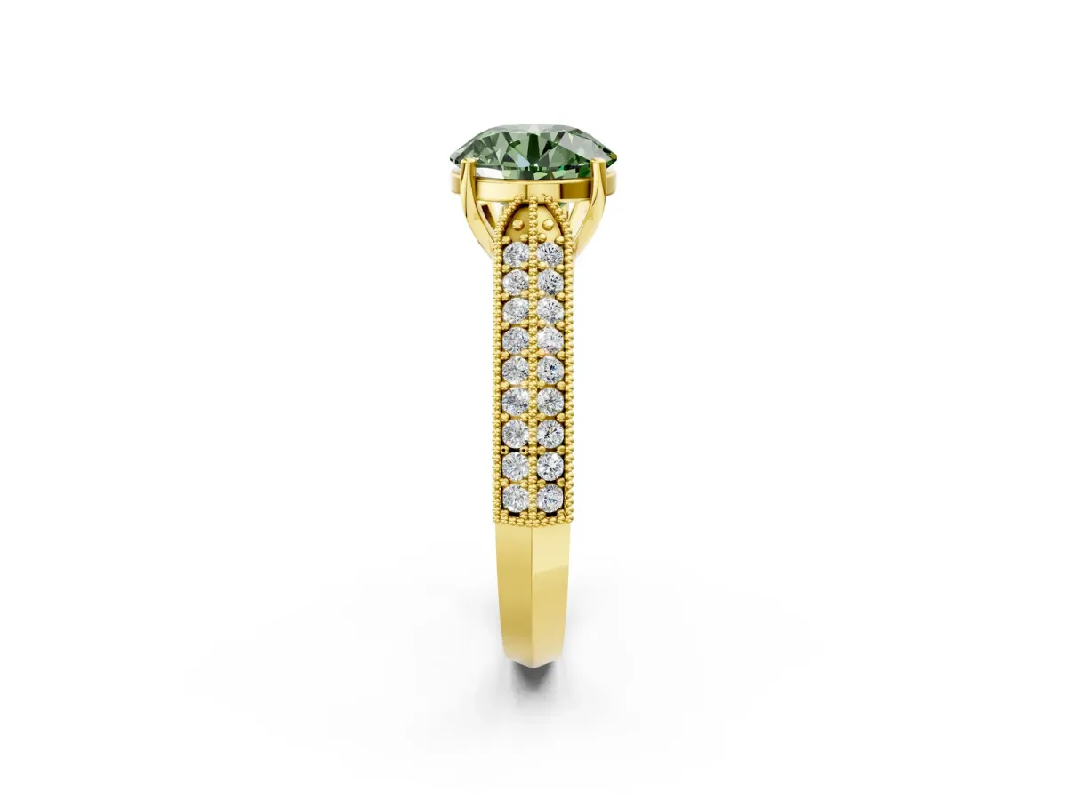 Fancy Green Round Cut Cut Pave Split Shank Engagement Ring with Four-Prong Setting Yellow gold