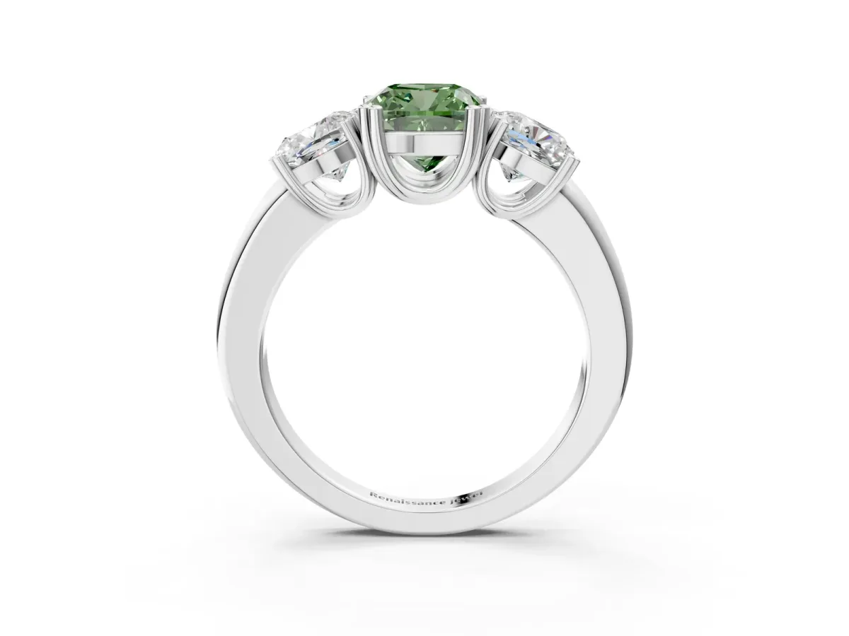 Fancy Green Three-Stone Cushion Cut Cut Diamond Ring with Channel Set Band and Four-Prong Setting Silver