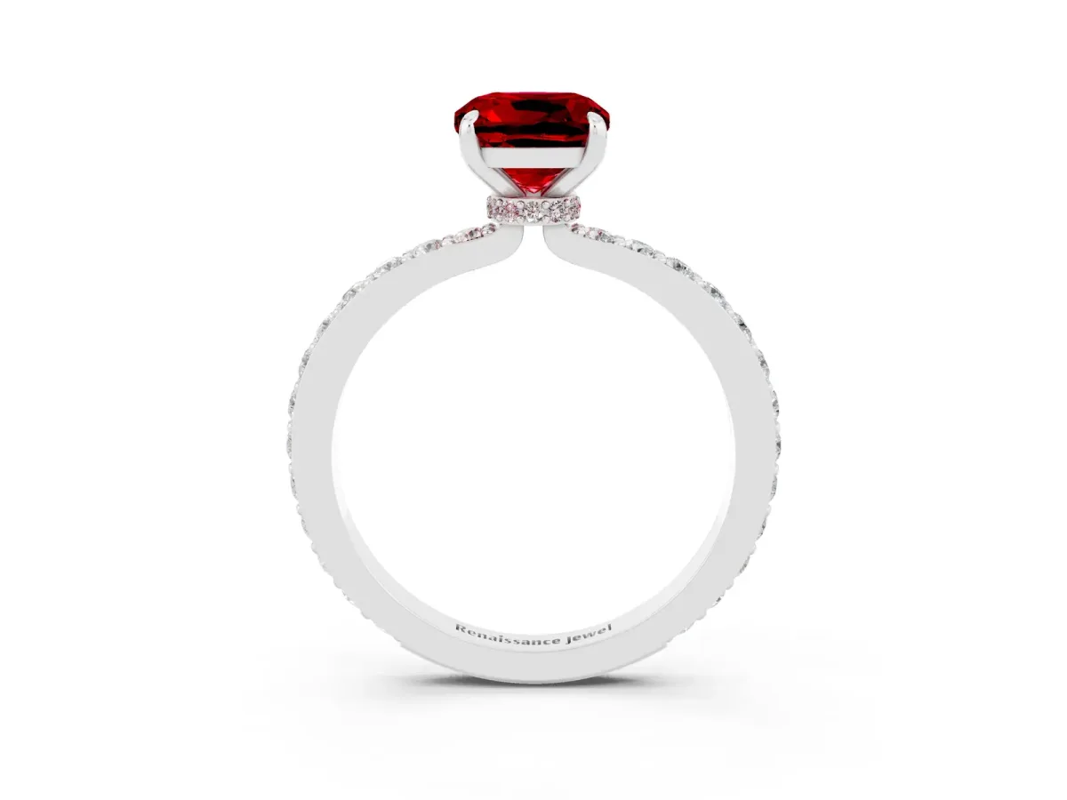 Cushion Cut Ruby Pavé Engagement Ring with Round Accents and Prong Setting Platinum