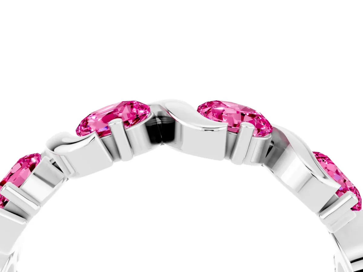 Round Pink Sapphire Half Eternity Band with Wave Prong Setting White gold