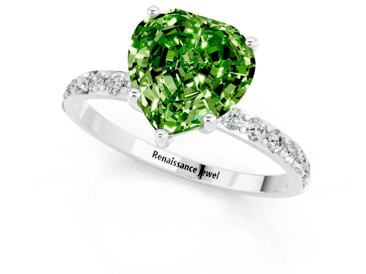 Heart Cut Peridot Solitaire Ring with Round Pavé Band and Prong Setting Platinum