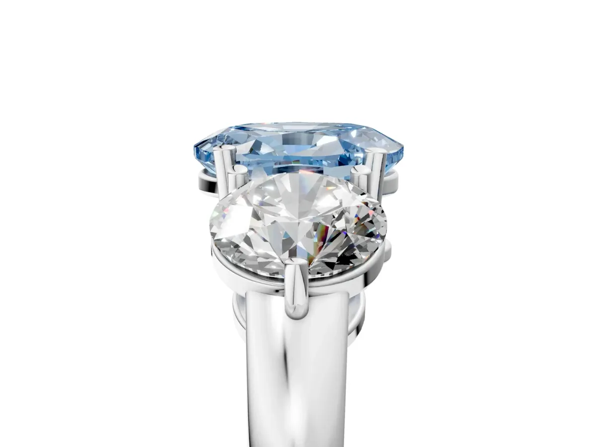 Fancy Blue Oval Cut Diamond Three-Stone Ring with Prong Setting and Classic Band White gold