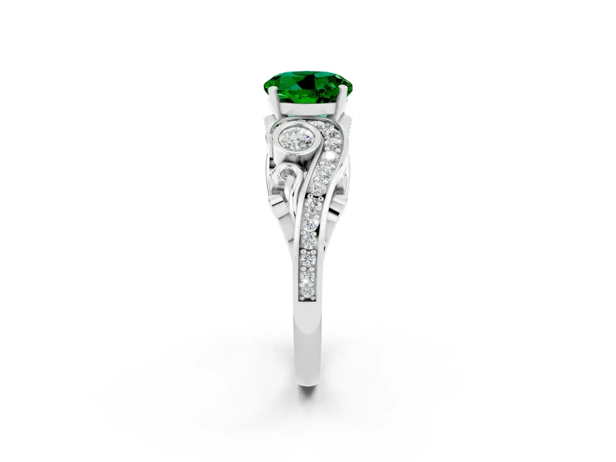 Round Cut Emerald Solitaire Ring with Milgrain Pavé Band and Four-Prong Setting Silver