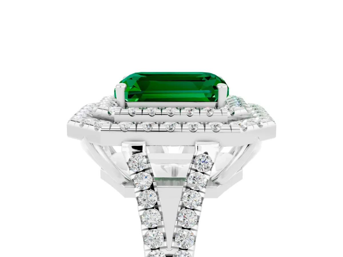 Emerald Cut Emerald Double Halo Ring with Pavé Band and Prong Setting White gold