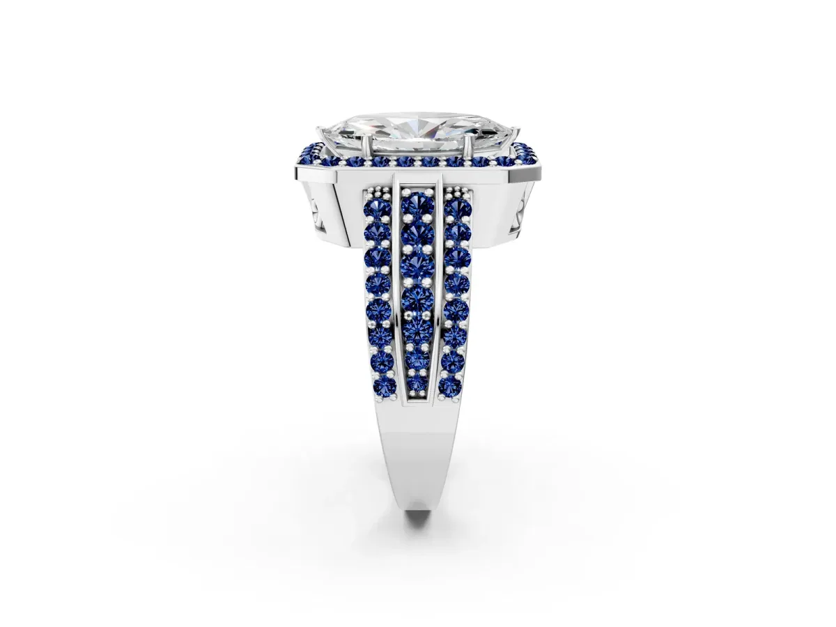 Marquise Cut Halo Diamond Ring with Round Blue Sapphire Split Shank and Prong Setting Silver