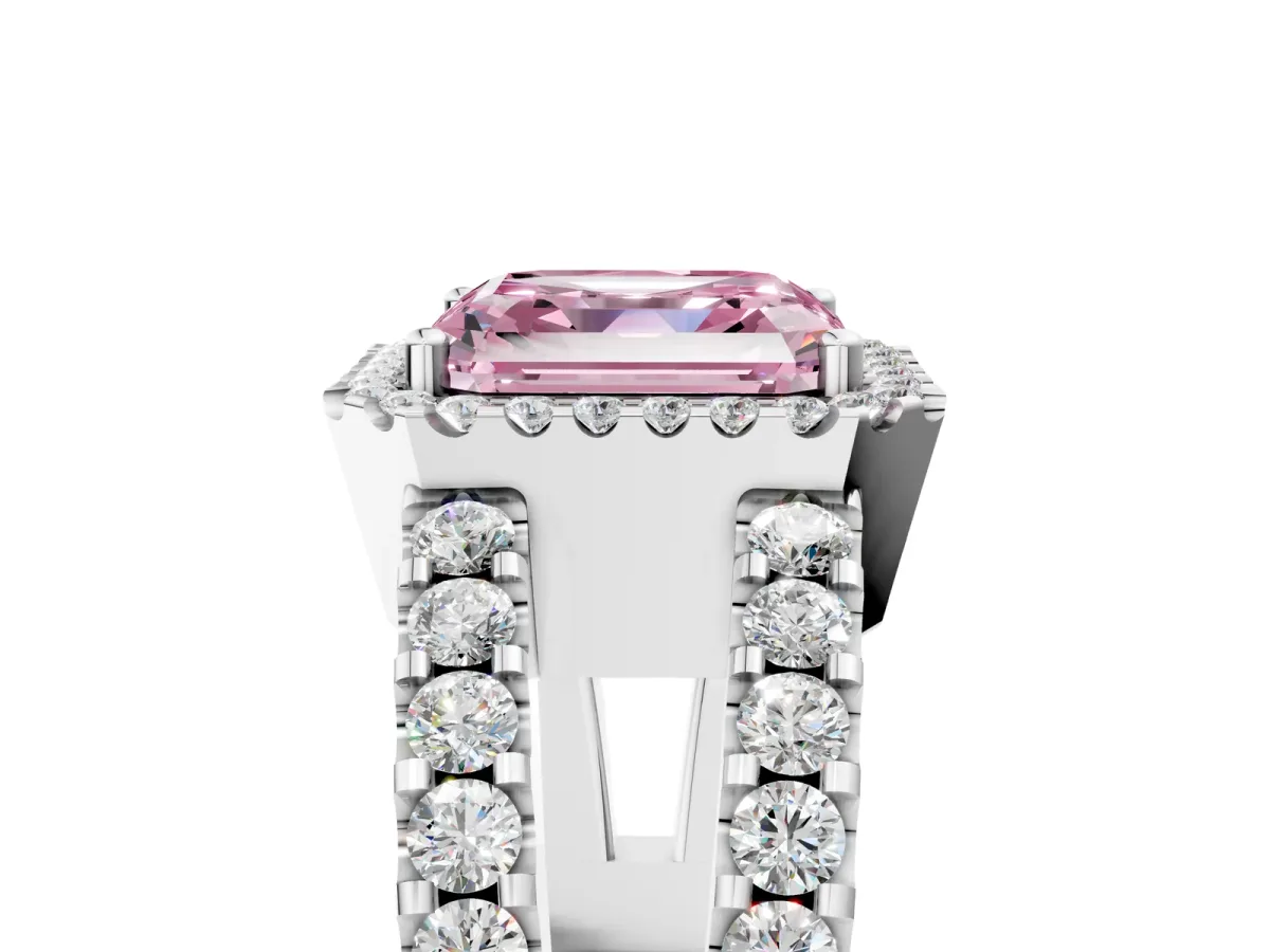 Fancy Pink Asscher Cut Cut Halo Split Shank Diamond Ring with Four-Prong Setting Platinum