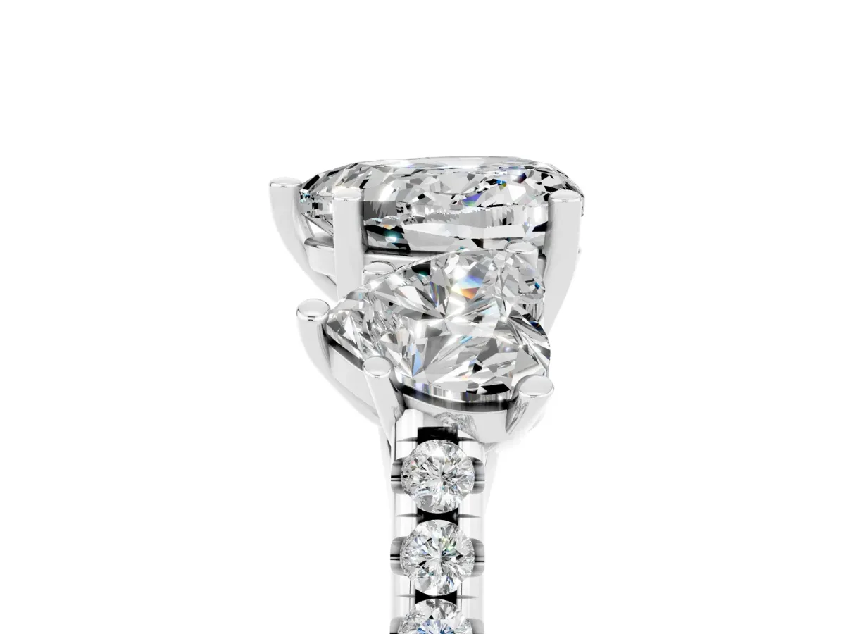 Three-Stone Heart Cut Moissanite Ring with Round Pavé Band and Prong Setting Silver