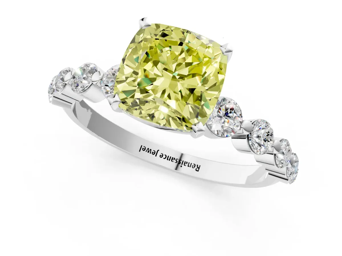 Fancy Yellow Cushion Cut Solitaire Diamond Ring with Pave Band and Four-Prong Setting Silver