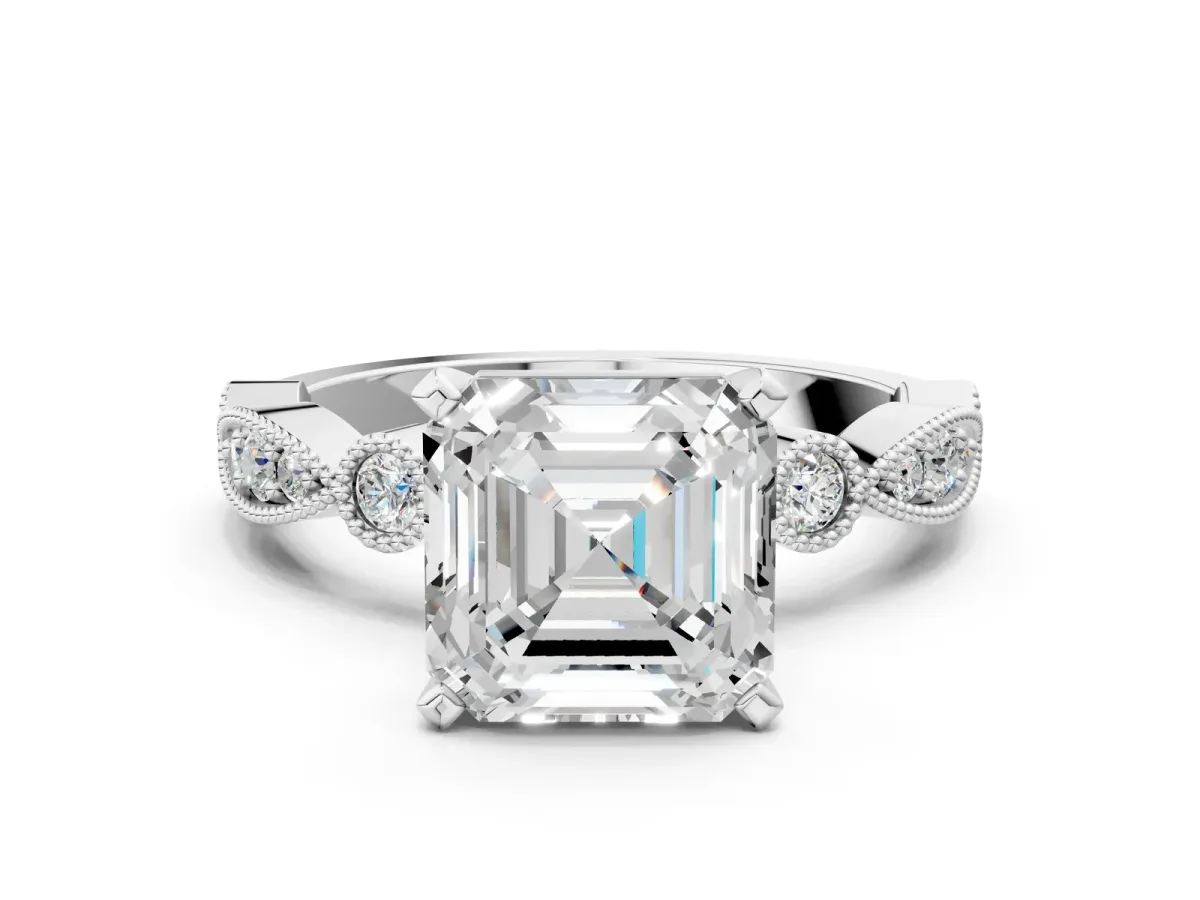 Asscher Cut Milgrain Bezel Diamond Engagement Ring with Solitaire Prong Setting Platinum