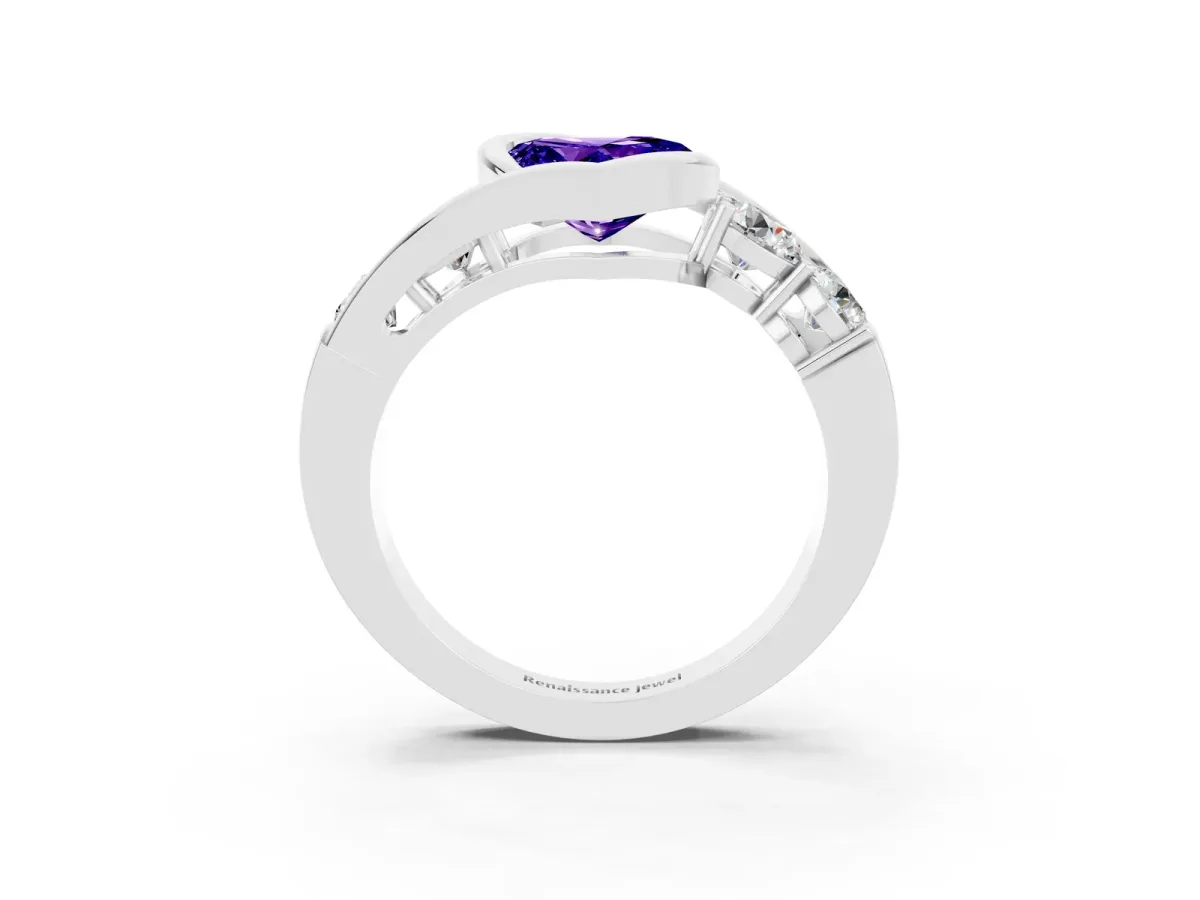 Bezel Set Heart Cut Tanzanite Bypass Ring with Round Accents Silver