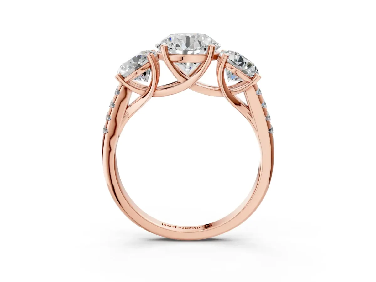 Fancy Blue Three-Stone Round Cut Diamond Ring with Round Pavé Band and Prong Setting Rose gold