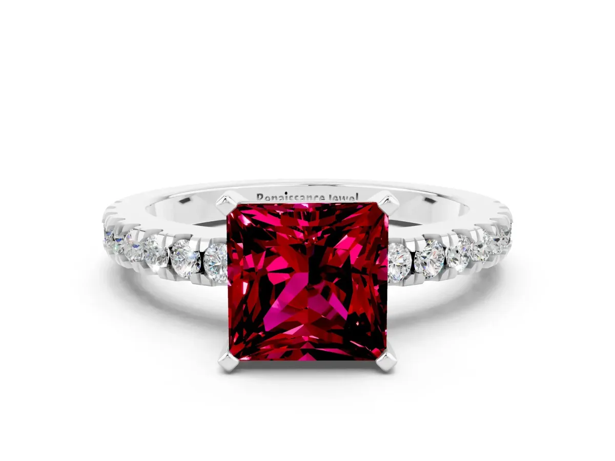 Princess Cut Solitaire Garnet with Pavé Band and Four-Prong Setting Silver