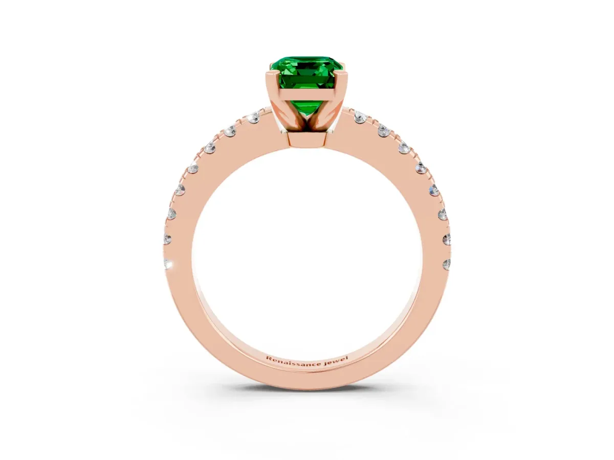 Emerald Cut Solitaire Emerald with Pavé Band and Four-Prong Setting Rose gold