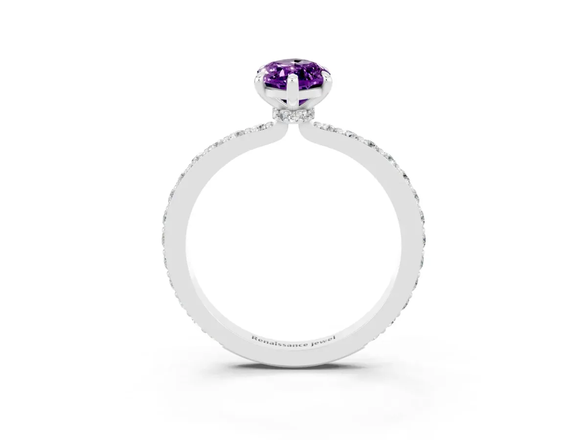 Marquise Cut Amethyst Solitaire Engagement Ring with Pavé Band and Four-Prong Setting Silver