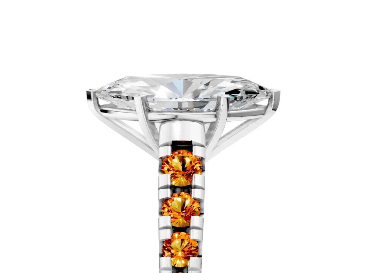 Marquise Cut Diamond Cathedral Solitaire Ring with Round Citrine Pavé Band Silver