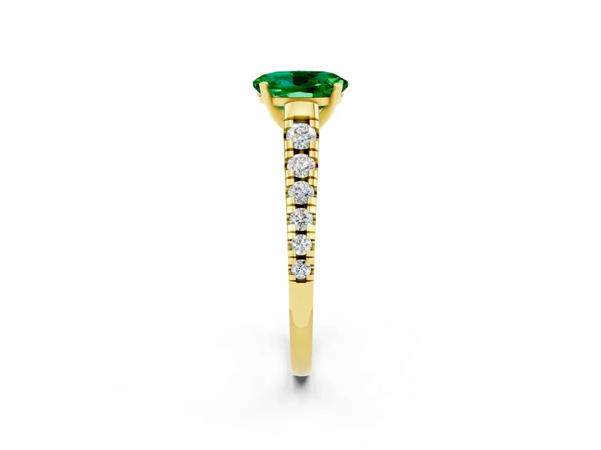 Oval Cut Emerald Cathedral Solitaire Ring with Round Pavé Band Yellow gold