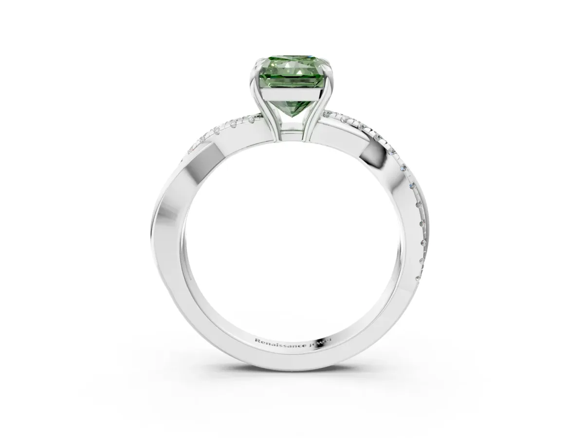 Fancy Green Radiant Cut Cut Diamond Twisted Band with Pavé Setting and Four-Prong Setting Platinum