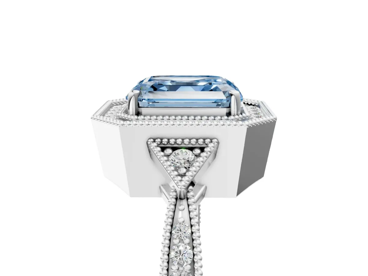 Fancy Blue Asscher Cut Halo Round Diamond Milgrain Pave Engagement Ring Platinum